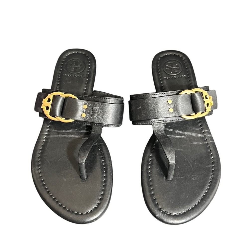 Tory Burch Thong Sandals Women Size 5 Black Leather Gold Buckle Logo Flat